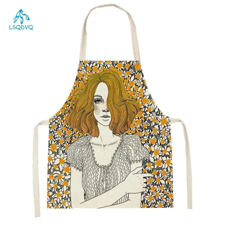Cartoon Modern Girl Plants Printed Kitchen Apron Men Women Abstract Characters Cooking Aprons Waist Bib Cleaning Pinafores