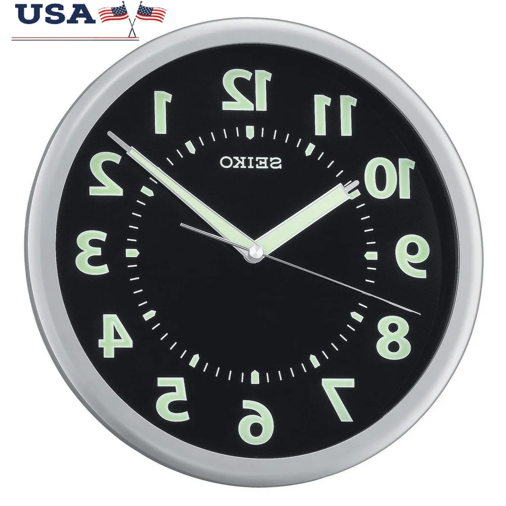 

Glow in the Dark Wall Clock Quartz Analog Round Clock Brushed Silver Frame Black Dial Home Office Decor Battery Included