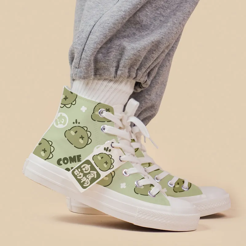 

Original Design Cute Style Thick Sole High-top Canvas Shoes For Women Green Lacing Casual Flat Shoes