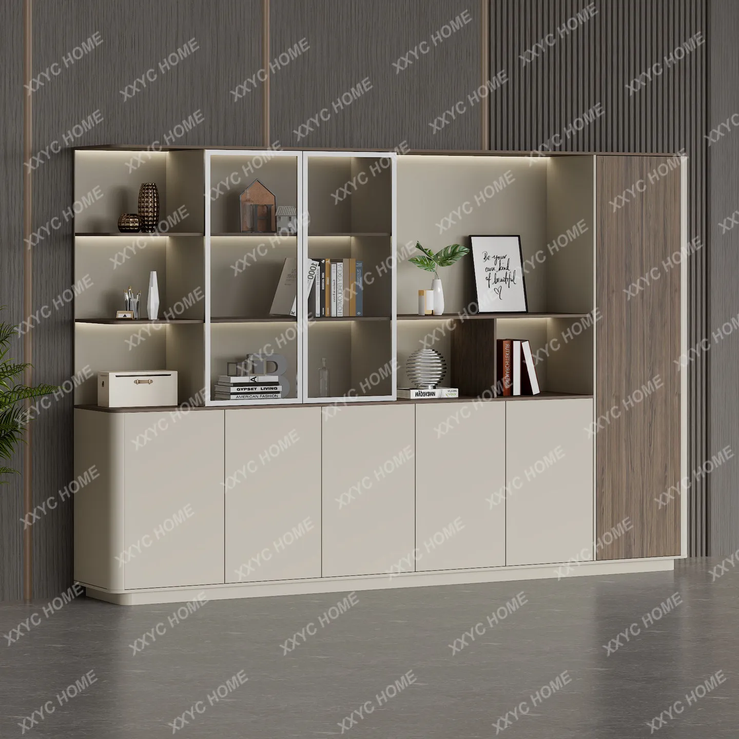 Bookcase Office Wooden Storage File Cabinet Glass Door Floor-to-Floor Display Cabinet Premium Background Cabinet