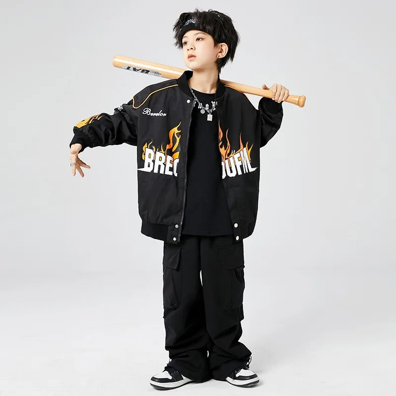 Kid Cool Hip Hop Clothing Flame Print Jacket Top Black Casual Pockets Buckle Cargo Pants for Girl Boy Jazz Dance Costume Clothes