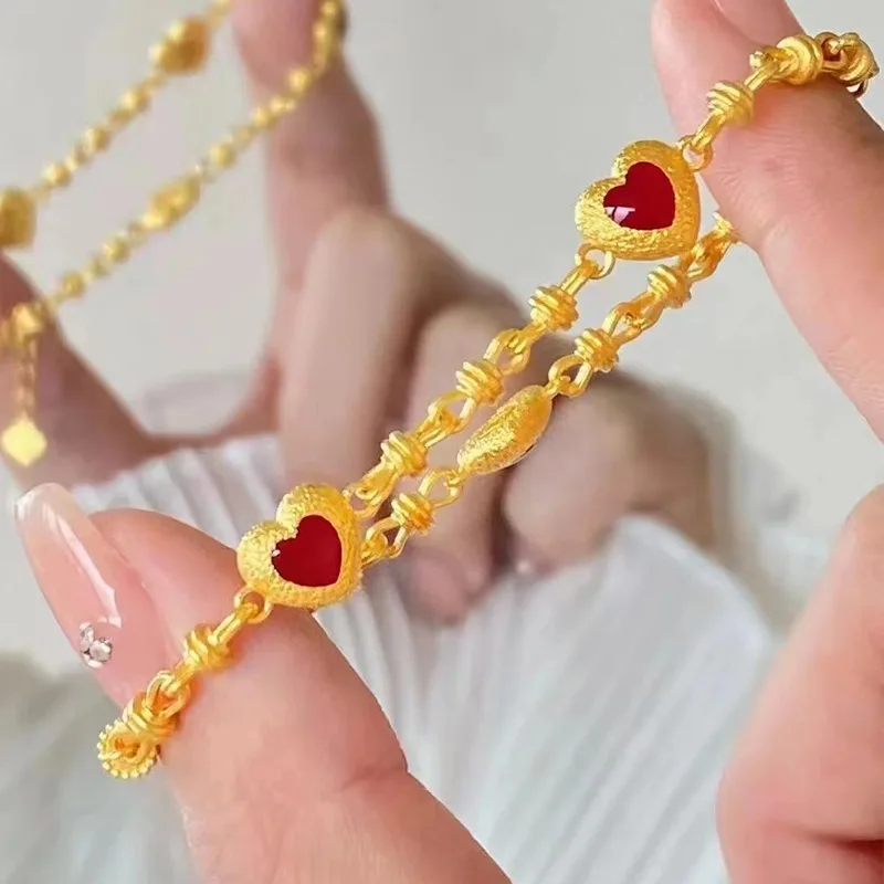 

Luxury 24K 9999 Pure Gold real gold Women's Heart-shaped Red Heart Point Bracelet