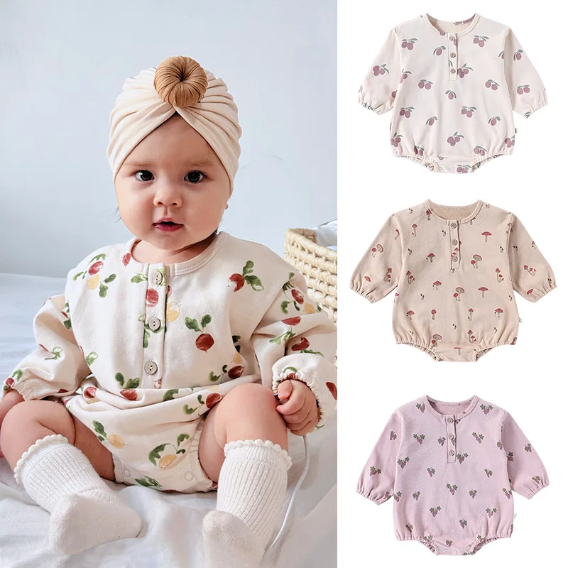 

Ins 2025 Autumn Newborn Girls Bodysuit Flowers Pattern Baby Girls Jumpsuits Cartoon Round Neck 1-3Y Toddler Kids Girls Rompers