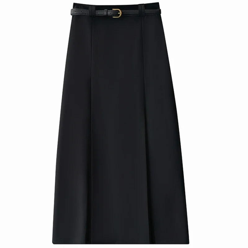 

Korean style commuting high waist slimming slit pleated skirt for women, 2025 autumn high-end belt suit A-line skirt