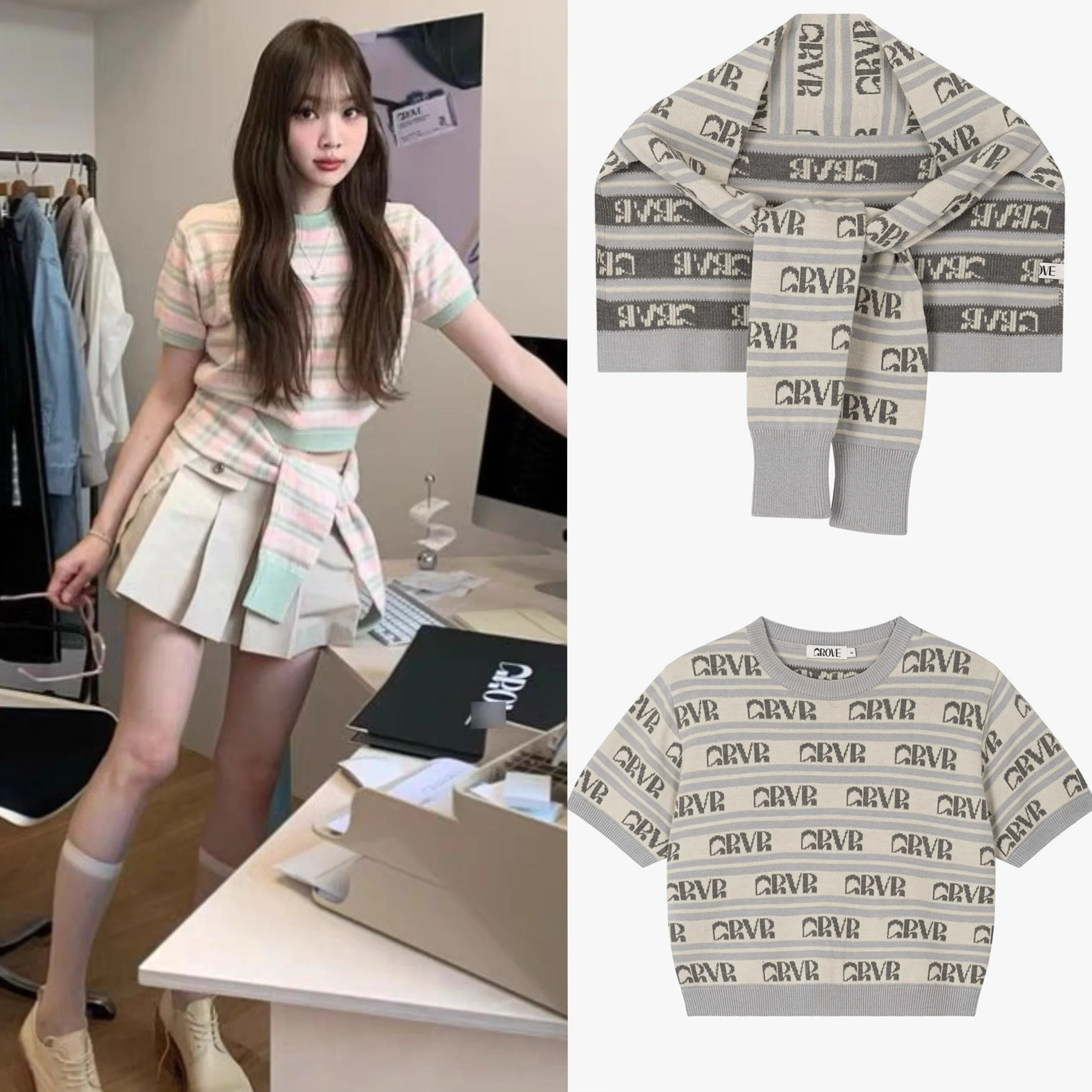 

Sweet Sle Color Blo Stripe Letter Knitted ort Sve awl Set Women's Summer Casual Slim Fit Polyester round Ne Top