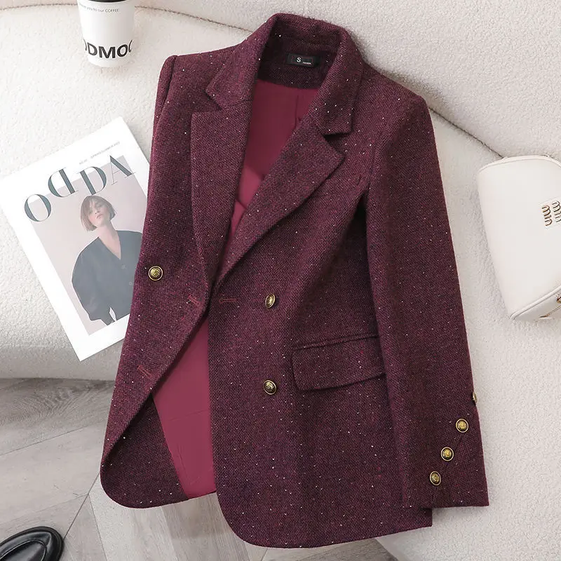 

Autumn Winter Elegant Fashion Casual Jacket Small Suit Red Blazer Slim Fit Professional Korean Style Double Breasted