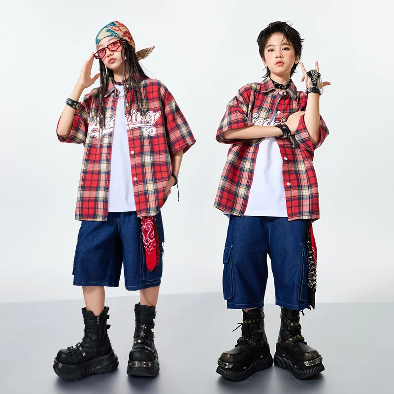 Jongens Ballroom Hip Hop Danskostuums Meisjes Losse Geruite Shirt Denim Shorts Set Mode Streetwear Groep Jazz Prestaties Slijtage