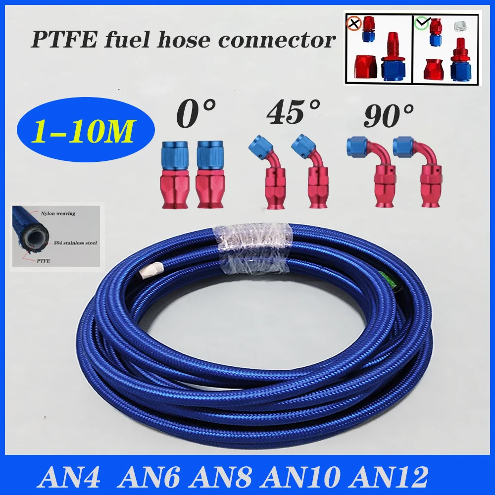 AN4 AN6 AN8 AN10 AN12 Nylon Oil Hose Fuel Fittings Hose End 0+45+90 Degree  Adaptor Kit Braided Oil Fuel Hose Line 1-10M Blue