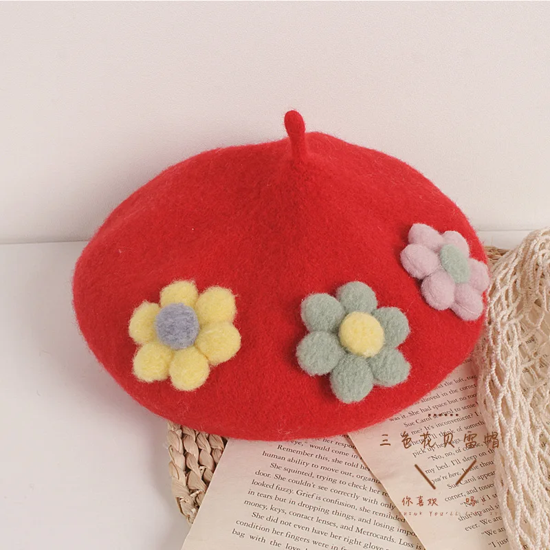 Kids Girls Berets Caps Three color flower Princess Floral Children 3D Flowers Beanies Hats Autumn Winter Warm Caps