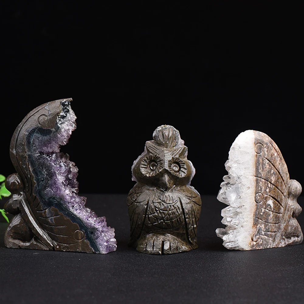 Natural Amethyst Cluster Handmade Carved Butterfly Goddess Owl Handicrafts Ornament Crystals Specimen Art Craft Decor