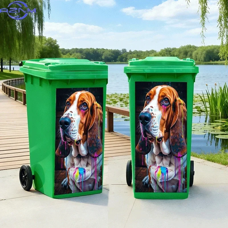 2D 1PCTrash Can Sticker, Colorful Ink Dye Basset Hound, Animal Themed Design, Self-Adhesive Wall Decal Wallpaper, Kitchen Tras