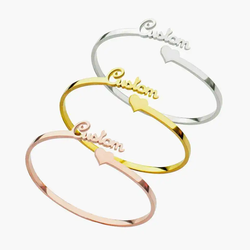 

New Stainless Steel Customized Name Bangle Personalized Nameplate Letter Love Heart Bracelet For Women Girl Wedding Jewelry