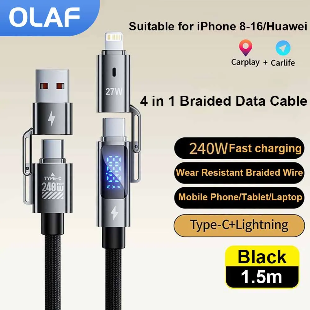 

4 in 1 Fast Charging Cable 240W Digital Display USB to Type C Data Cable 1.5m USB C to C Cable For iPhone 16 15 Samsung Xiaomi