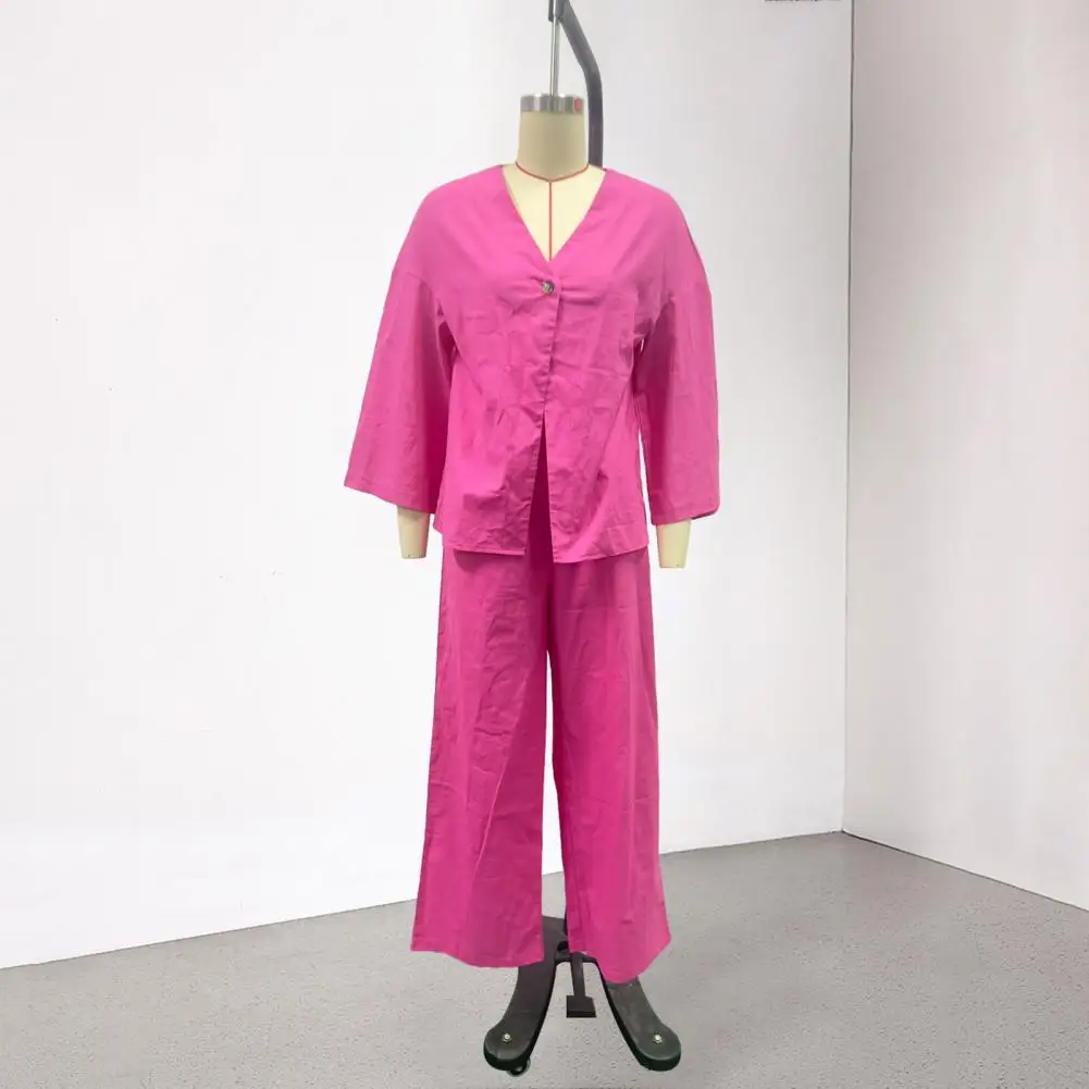 

Solid Color Two Piece Suit for Women Casual Women's Two Piece Outfit Set with V Neck Button Top Wide Leg Pants for Spring Summer