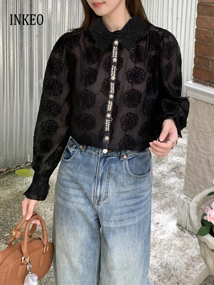 

Sexy Floral embroidery blouse See-through Women's 2024 Summer Luxury Puff sleeve shirt Lace patchwork tops Fashion INKEO 4T181