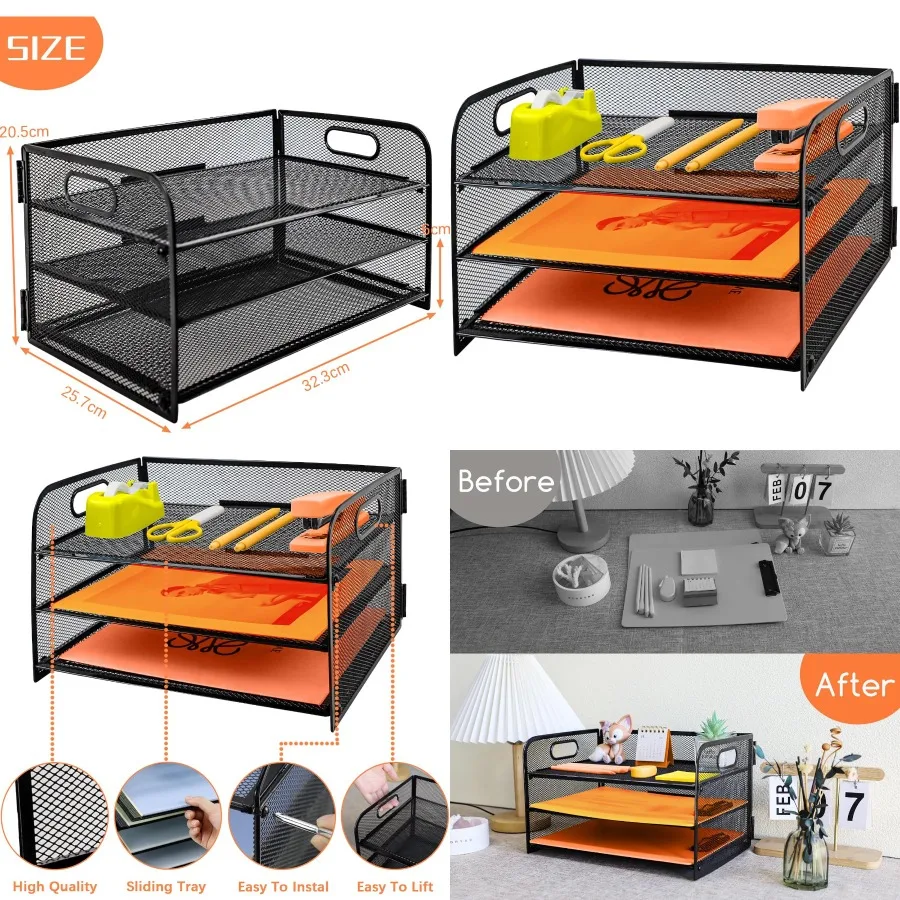 3 Tier Letter Tray Paper Organizer with Handle for Home Office School Desk - Desktop File Folder Sorter Holder with Compact Des