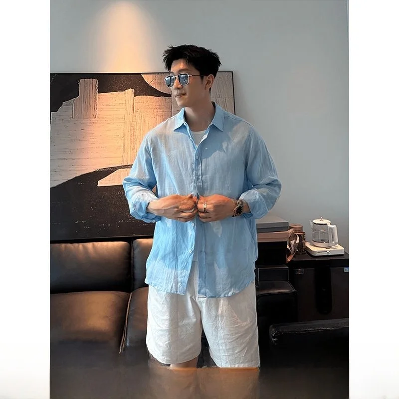 Men's Summer Lightweight Breathable Cotton Linen Shirt Long Sleeve Fashionable Casual Style Blue Color Sun Protection Coat