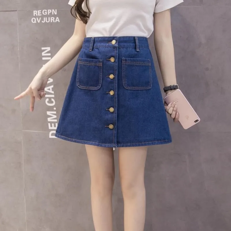 2024 Women Summer High Waist Button A-line Denim Skirt New Half-Length Mini Jeans Skirt Street Clothing