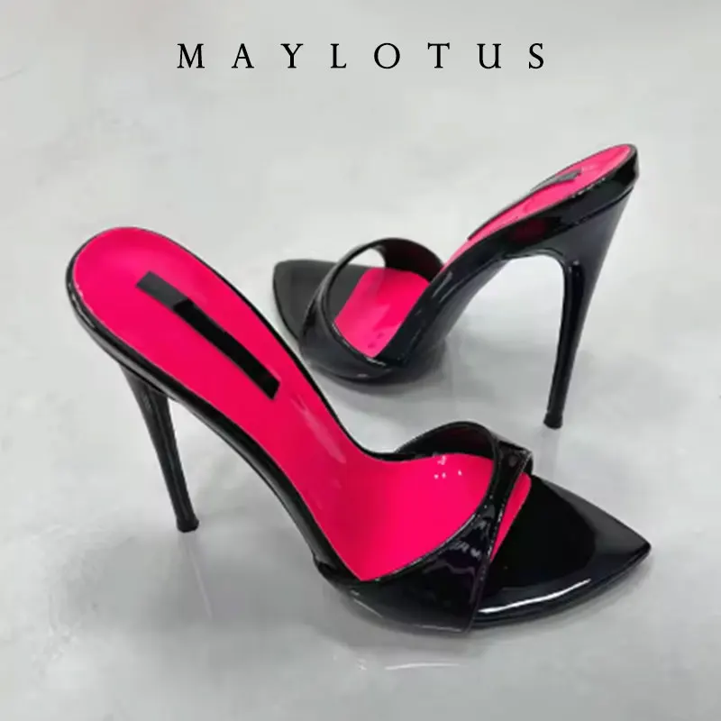 Size 35-46 Patchwork Stiletto Heel Slippers Newest Pointed Open Toe One Strap Thin Heel Slip-on Sandals Sexy Dress Mules