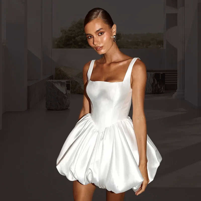 A Line Satin Mini Length Bow Spaghetti Straps  Evening Bridesmaid Dresses Wedding Party Formal Prom Birthday Lace Up Back