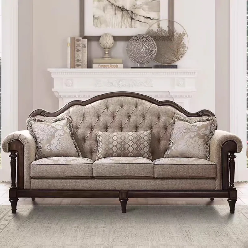 

Retro old solid wood sofa French simple living room fabric sofa coffee table combination sofa furniture