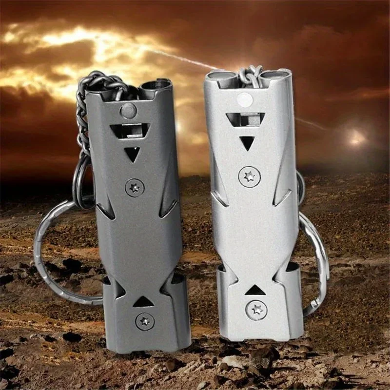 

Outdoors High Decibel Portable Keychain Whistle Stainless Steel Double Pipe Emergency Survival Whistle Multifunction Tools