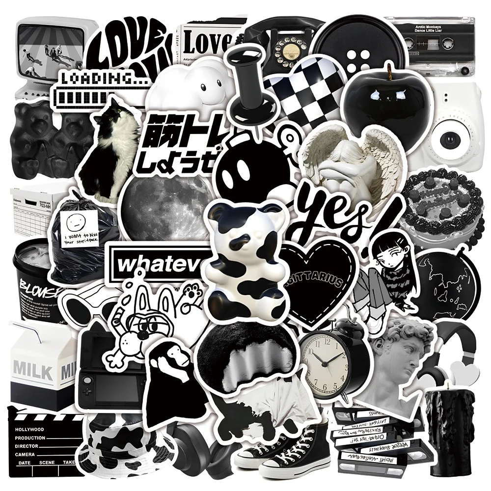 50 Adesivos Impermeáveis Estilo Ins Grafite Preto e Branco para Caderno e Capacete - Loja Golden Memory Stickers