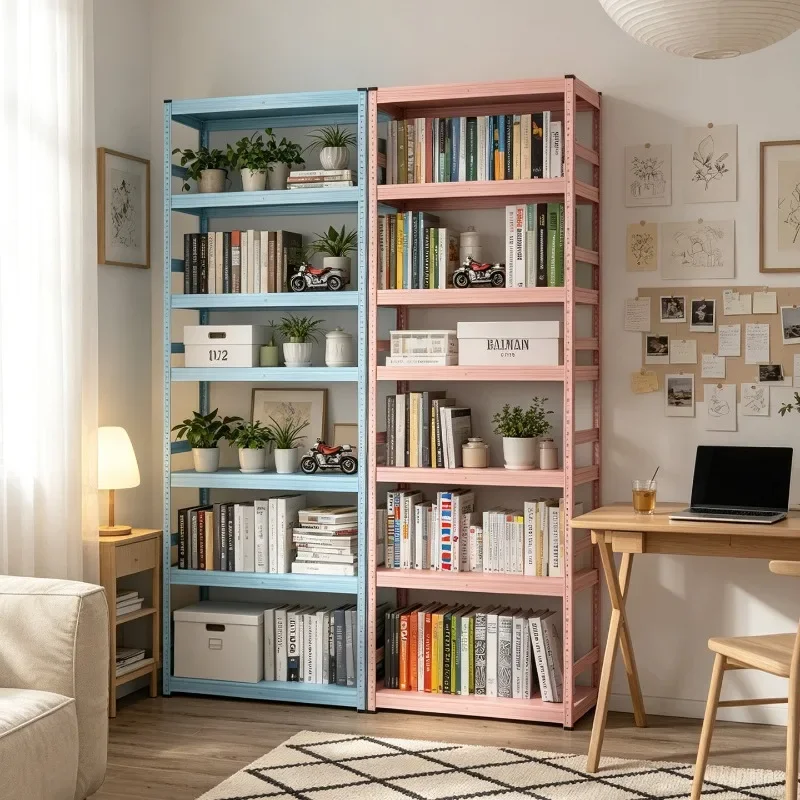Essential Office Supplies Steel floor-standing multi-layer iron bookshelf against the wall in the living room