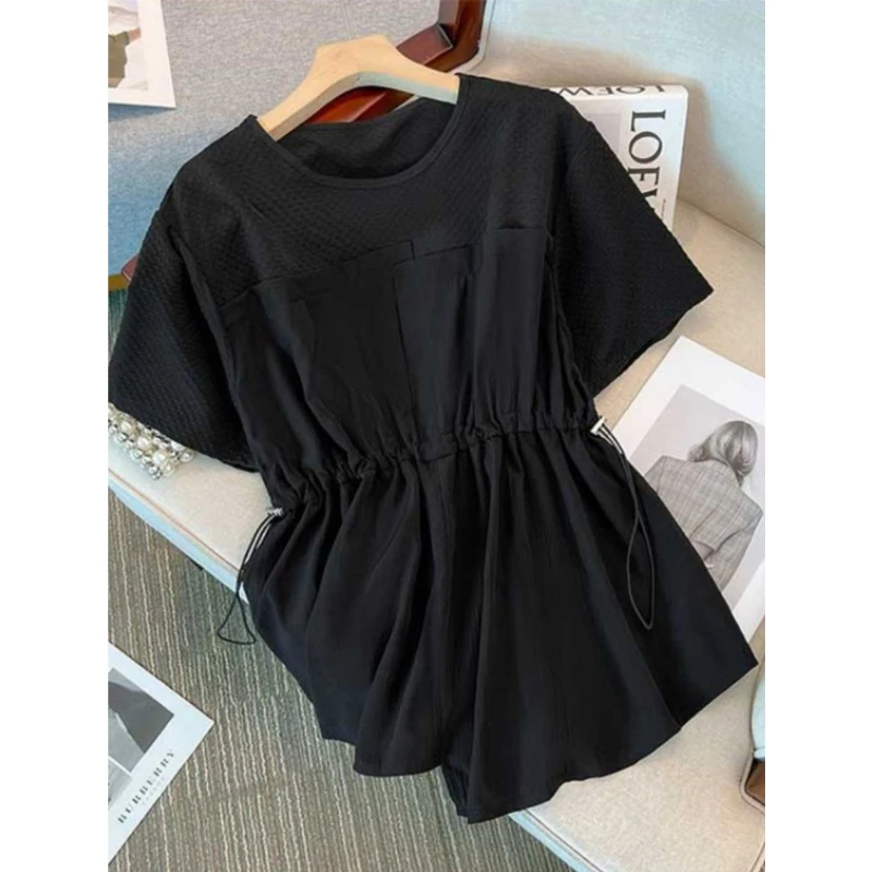 Women Stylish Lace Up Patchwork Elegant Blouses Summer O Neck Short Sleeve Chic Shirts Casual Solid Slim Asymmetrical Tunic Tops