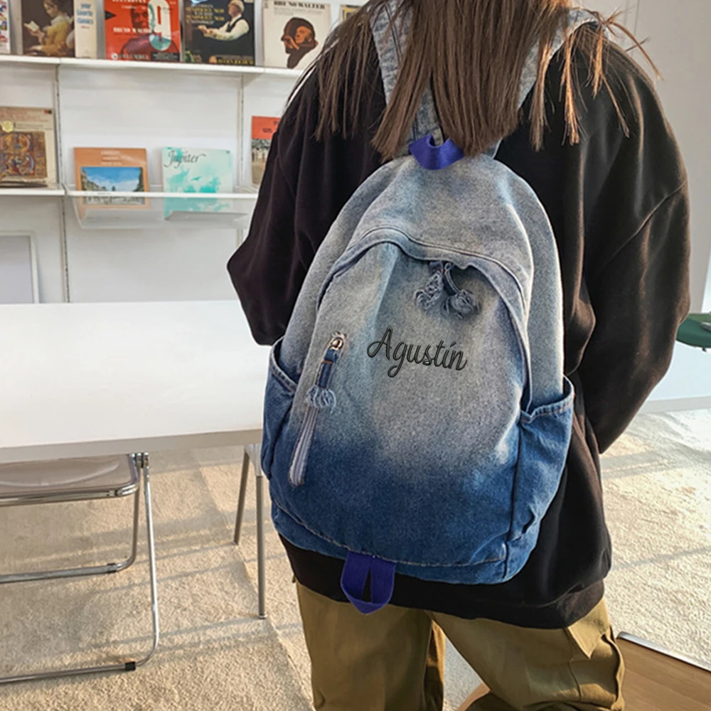 

Large Capacity Washable Denim Canvas Backpack Custom Embroidered Name College Student Schoolbag Personalized Boys Girls Backpack