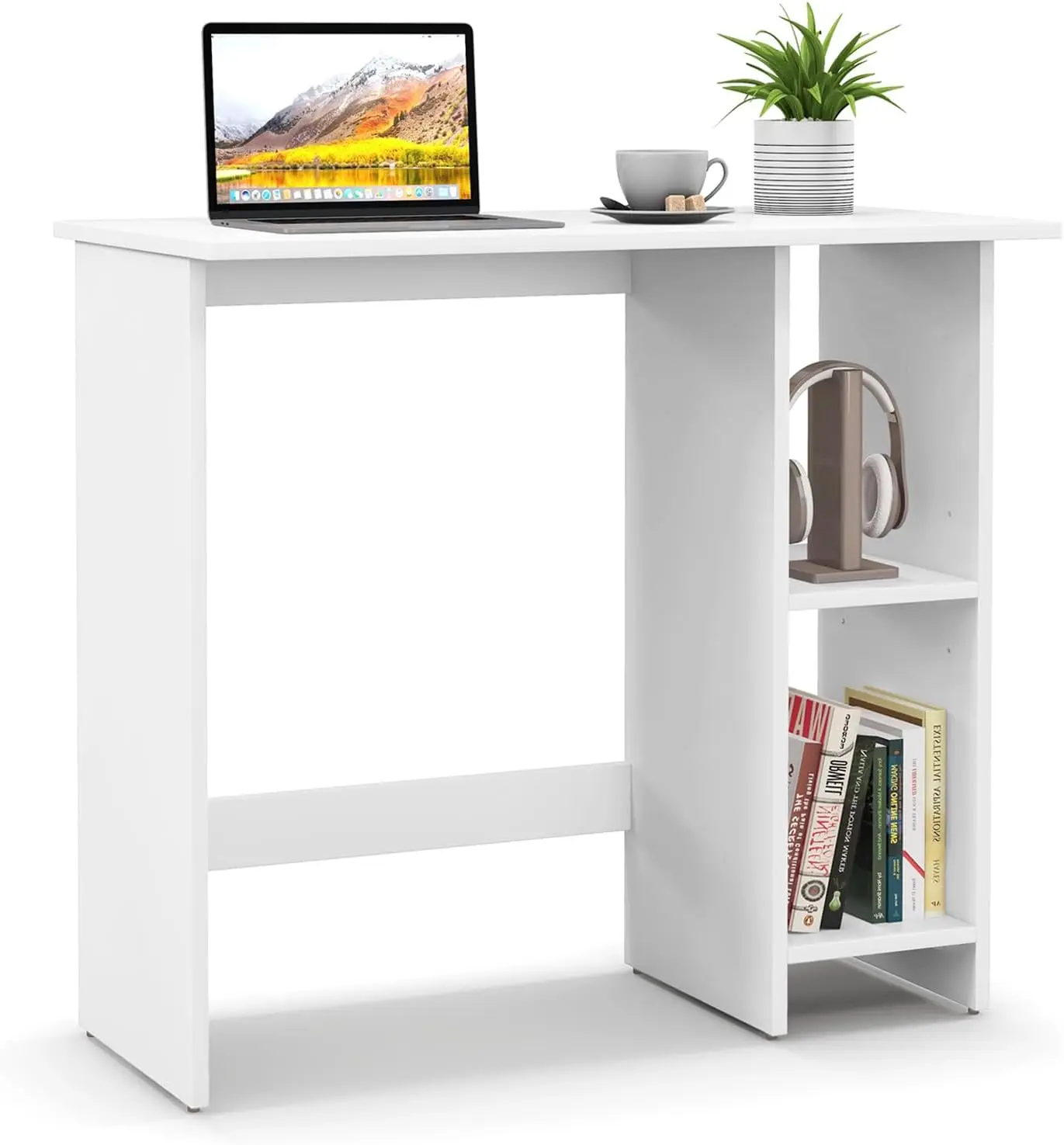 

Modern White Writing Table with Adjustable Shelf Space-Saving PC Desk Wooden Study Desk for Kids Storage Shelves