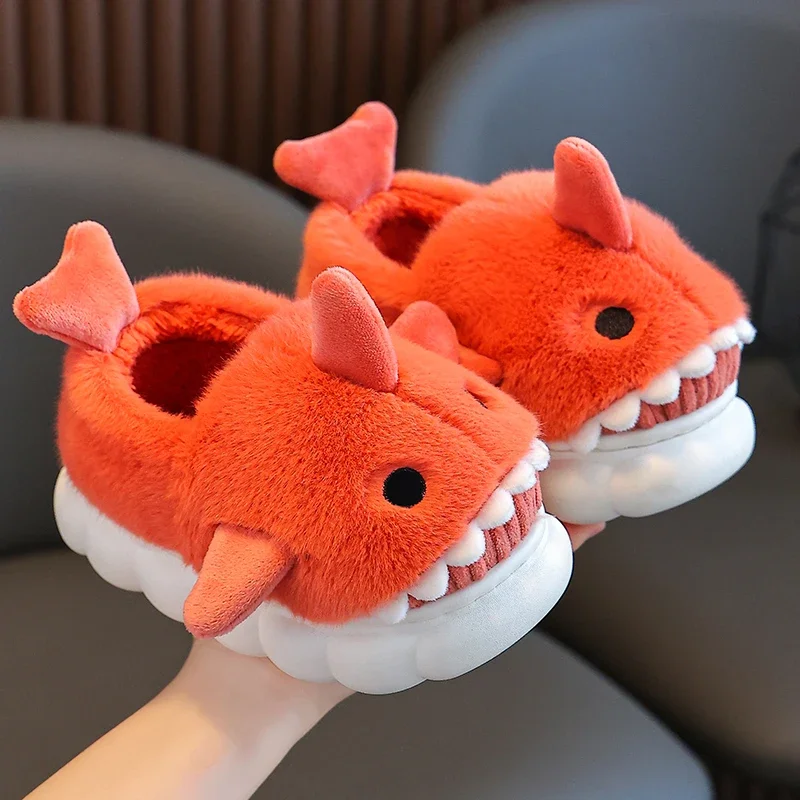 Winter Heel Wrap Cotton Slippers Children\'s Cute Cartoon Shark Non-slip Soft Sole Kids Boys Girls Junior Warm Plush Home Shoes