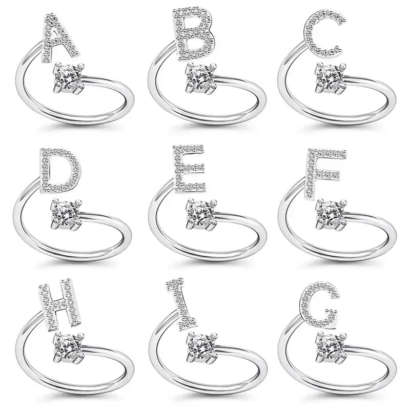 Adjustable Zircon Initial Letter Ring for Women Girls - Fashionable Alphabet Name Ring Wedding Jewelry Gift A-Z image 2