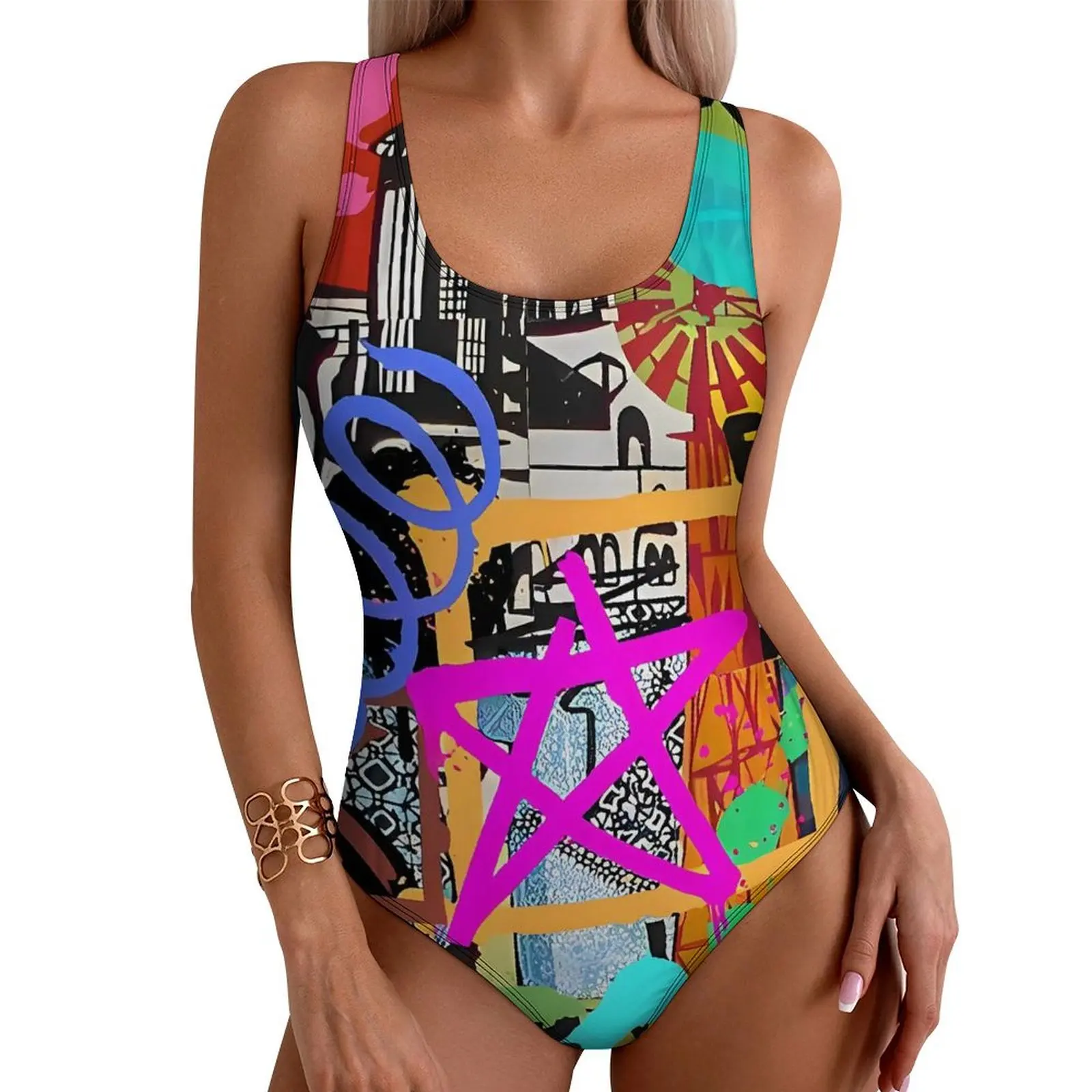 Freedom Graffiti Swimsuit Sexy Star Print Women Swimwear One Piece Korean Fashion Swimsuits Sport Push Up Cut Out Beach Wear