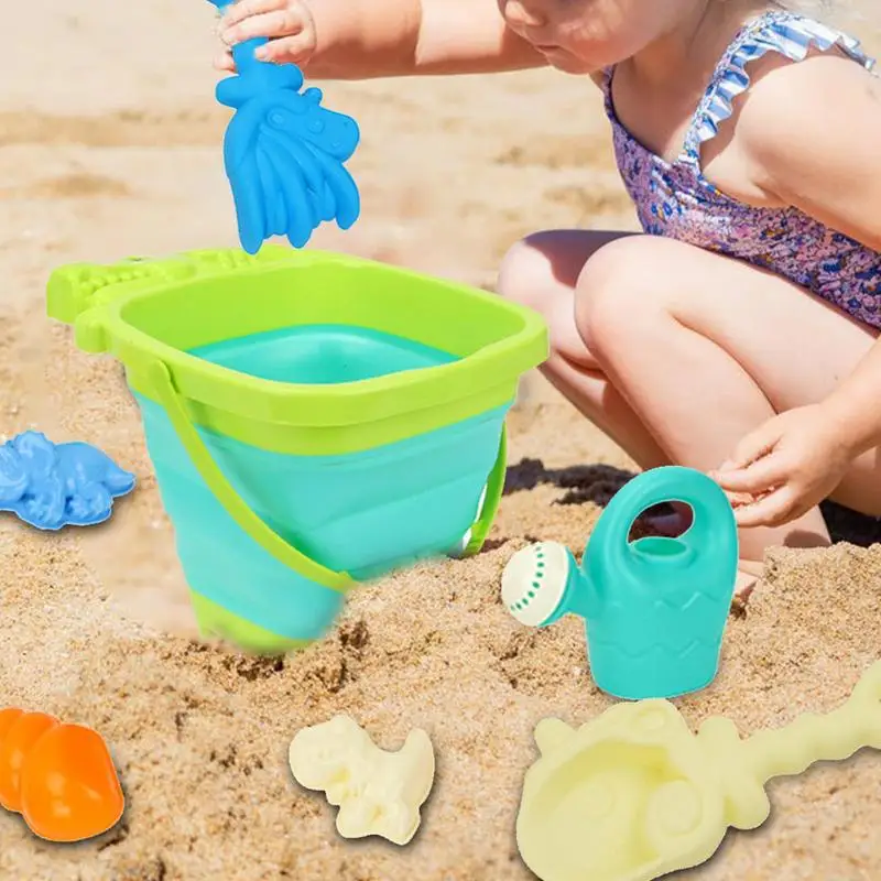 Conjunto de brinquedos de praia dos desenhos animados brinquedos de praia para ao ar livre bonito acessórios de viagem colorido conjunto de jogo com pás de balde dobrável para