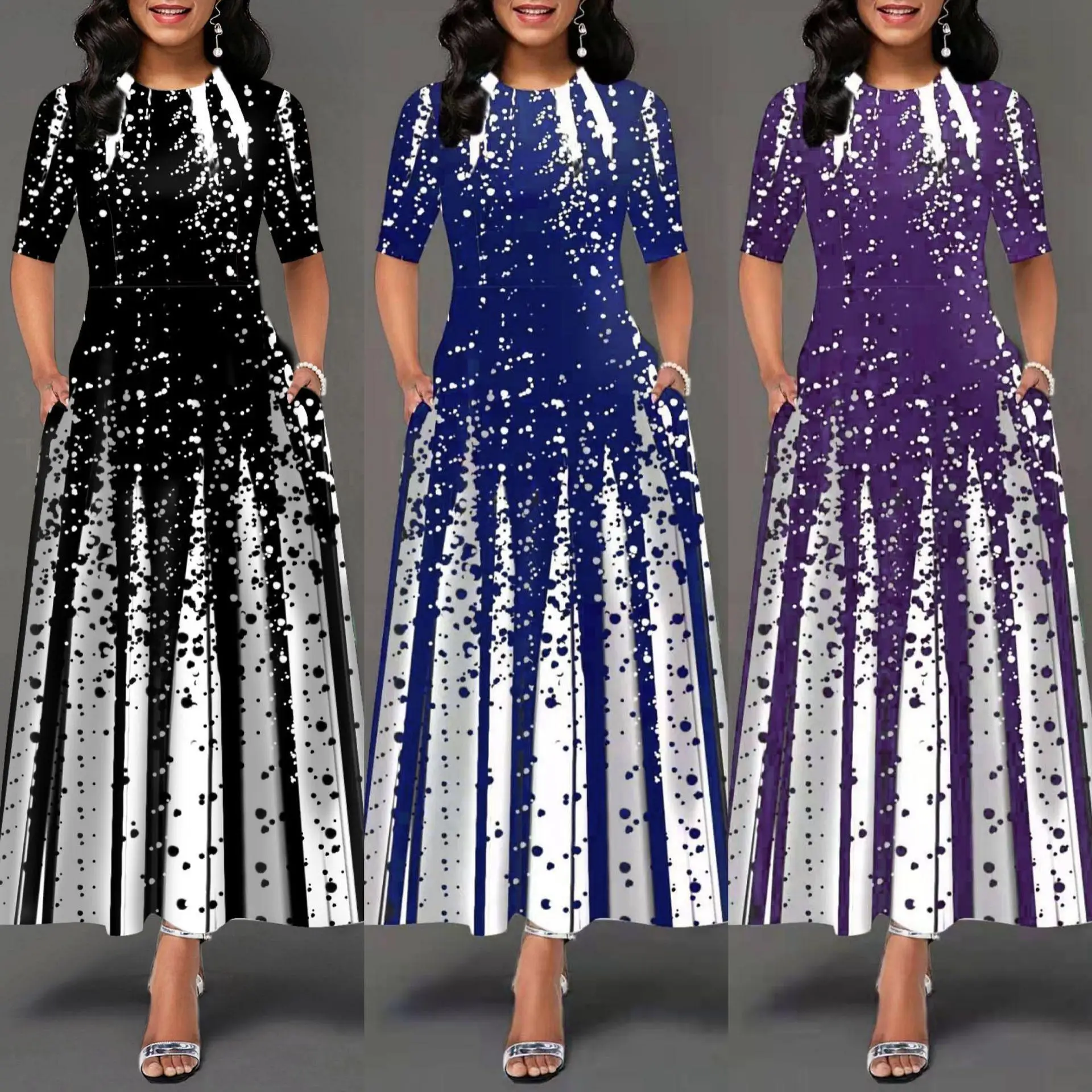 

2024 New Women's Fashion Gradient Print round Neck mid Sleeve Maxi Dress Commute Style A-Line Skirt Long Dress