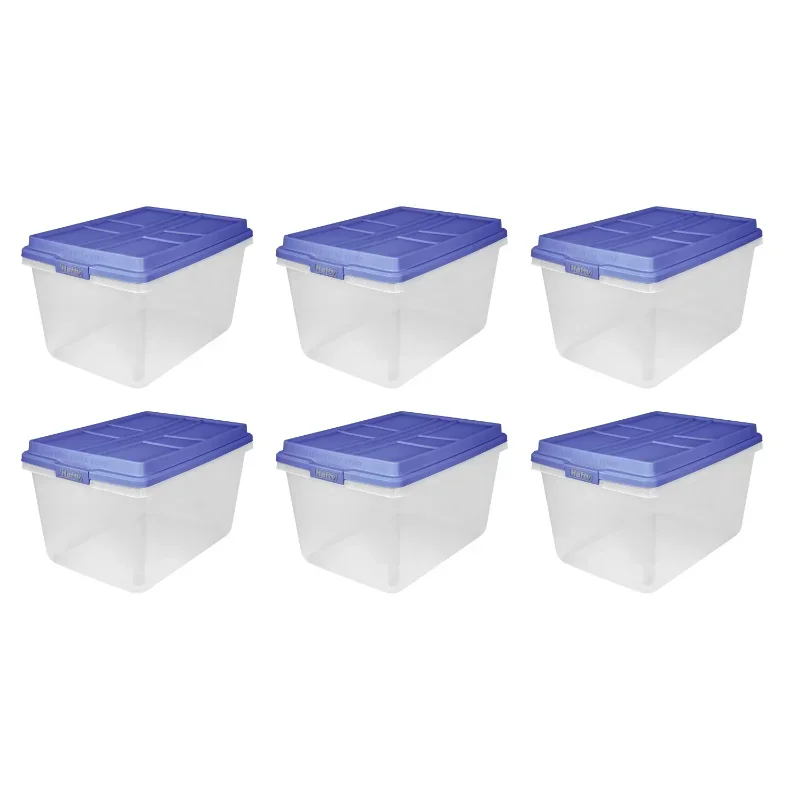 Hefty 72 Qt. Clear Plastic Storage Bin with Blue HI-RISE Lid, 6 Pack storage box