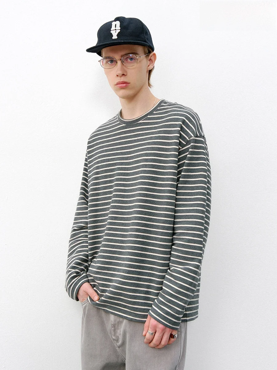 714street American Retro Texture Long Sleeve Men's T-shirt Spring 2026 Loose Shoulder Stripe Fashion Brand Casual Cotton Tee