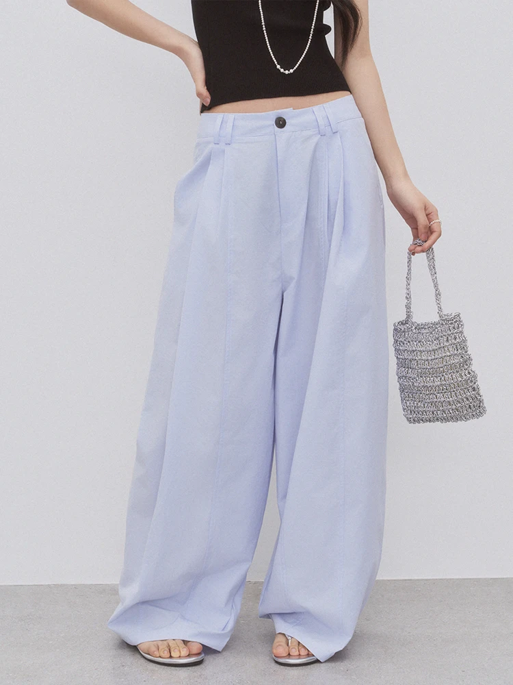 

Andasaya Cotton Feel Wide Leg Pants Casual Loose Wrinkle Resistant Versatile Blue Jeans High Waist Straight Cut Adult Wear
