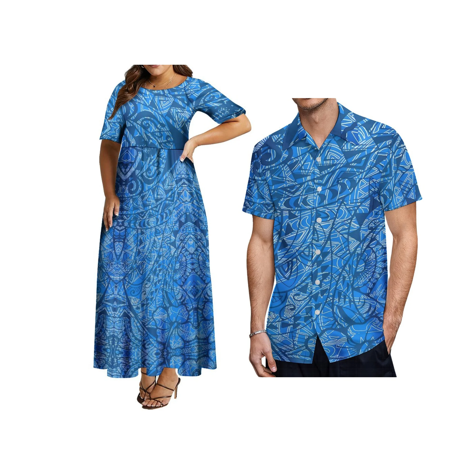 하와이 꽃 프린트 여성 드레스 파티 캐주얼 이브닝 드레스 폴리네시아 부족 디자인 민족 패턴 롱 드레스