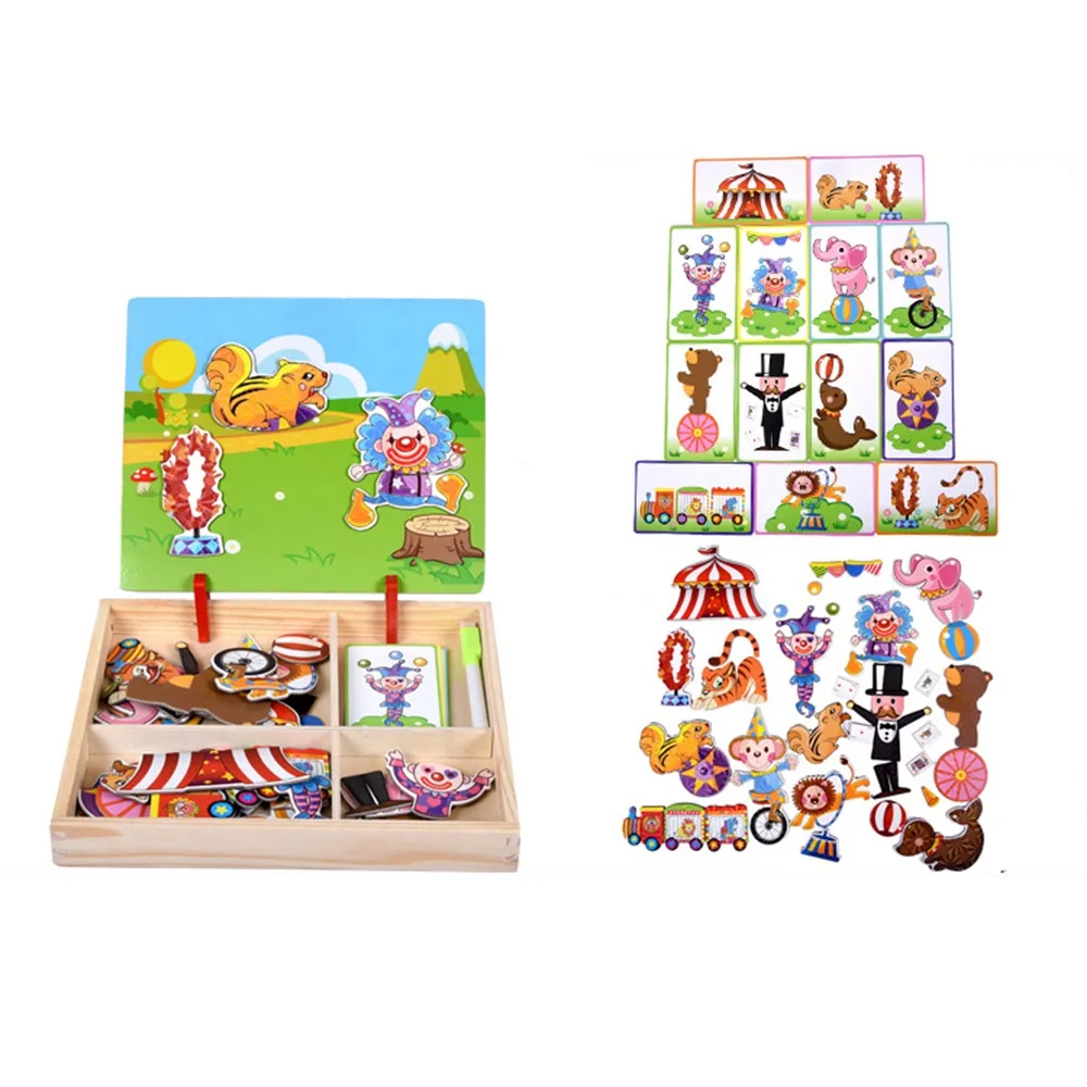 Wood Magnetic 3D Puzzles Reusable Educational Magnetic Stickers Toys with Lid Blackboard Kids Drawing Whiteboard Children Gift