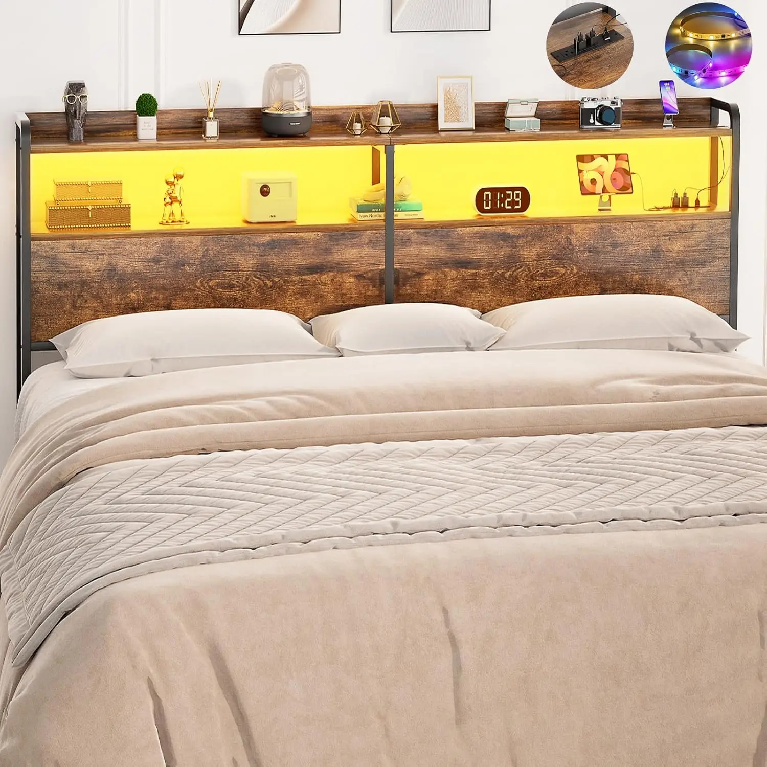 Headboard for King Size Bed Frame, Headboards with Outlets, USB Ports and LED Light, Head Board with Storage, Height Adjustable,