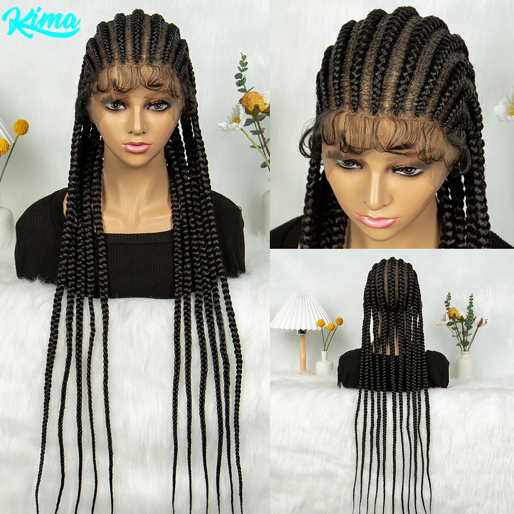 KIMA Synthetic Full Lace Ghana Braided Wigs Stitch Braids African With Baby Hair 36 inches Braided Wigs for Africa Women