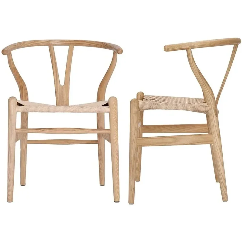 

Set of 2 Wishbone Chair Solid Wood Y Chair Mid-Century Armrest Dining Chair, Hemp Seat (Ash Wood - Natural/Black/Walnut )