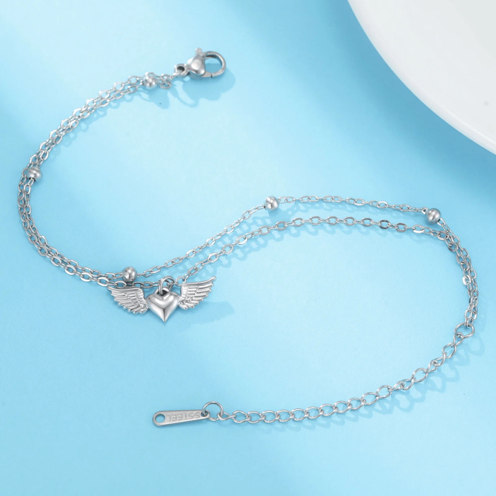 Love Wings Bracelet Angel Wings Heart Shaped Women's Double Layered Bead Chain Bracelet Stainless Steel Fashion Love Jewelry