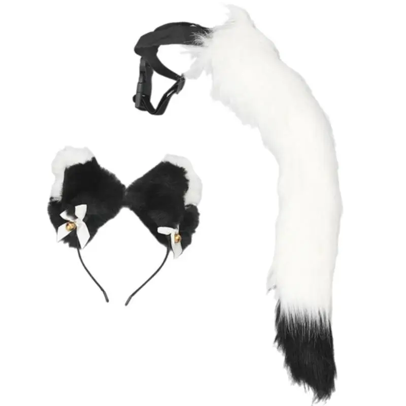 39BD ensemble costumes chats avec oreilles chats bandeau queue fourrure accessoires Costume chats d'halloween