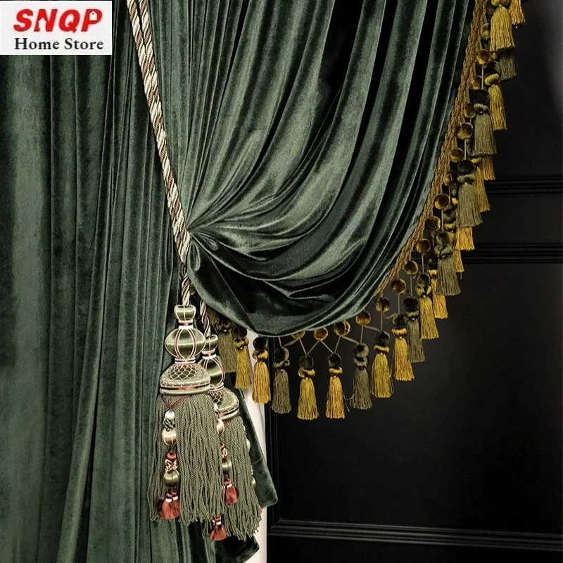 European Luxury Retro Dark Green Velvet Thickened Blackout Curtains for Living Room Bedroom French Villa Decor Custom Tassels