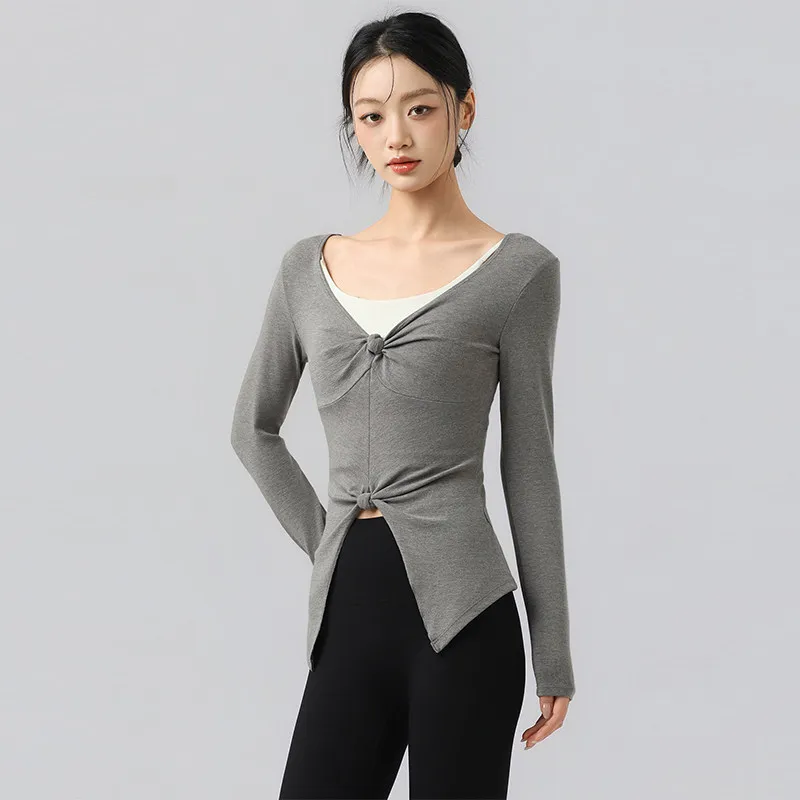 Sexy V-Ausschnitt Yoga Langarm-Schlankheits-Fitness-Top Doppelknoten Schlankes Lauf-Sportshirt für Damen für Herbst und Winter – Detail 3