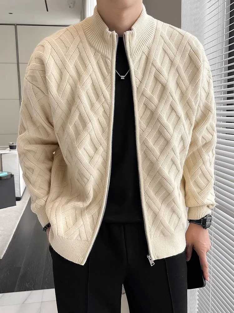 

Мужской вязаный кардиган с воротником-стойкой, высококачественный клетчатый свитер-жакет, осенняя модная модель с длинными рукавами, приталенный крой