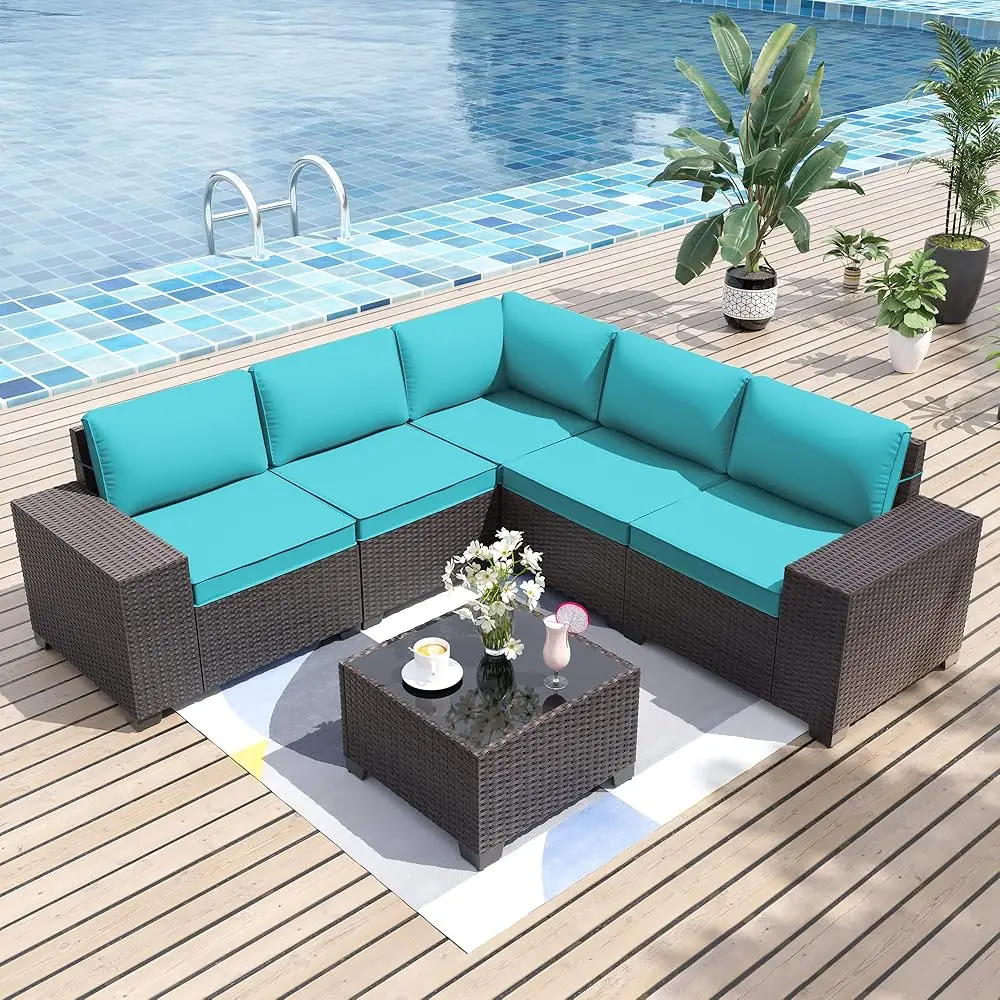 

6 Pieces Patio Furniture Set Sectional Sofa Set Outdoor Furniture All Weather Brown Pe Rattan Patio Conversation Set W/5 Blue